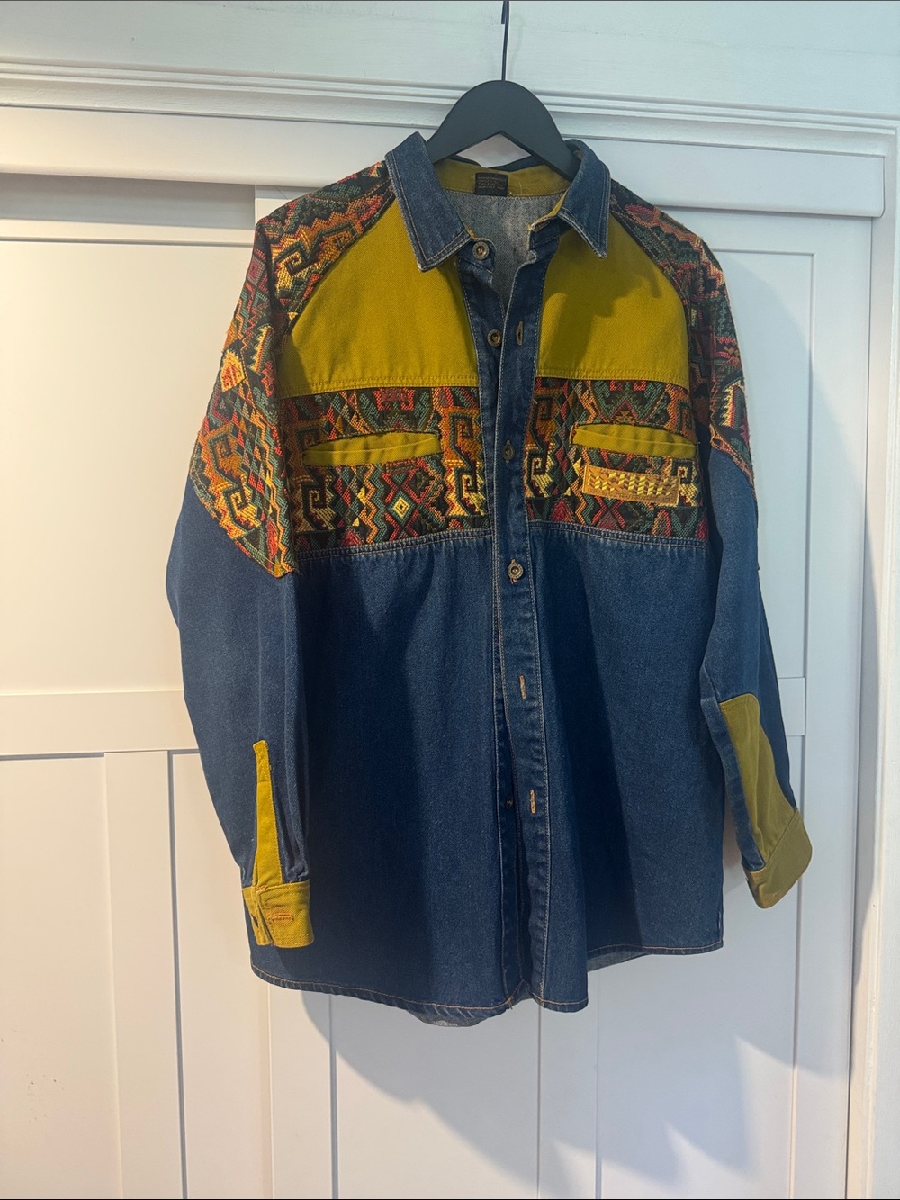 Vintage Denim Button-Up Jacket with Mustard and Multicolor Aztec Panels boxx